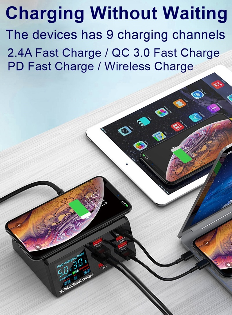 100W Multi USB Charger Hub PD Quick Charge 3.0 Qi Wireless Charger 8 USB Ports